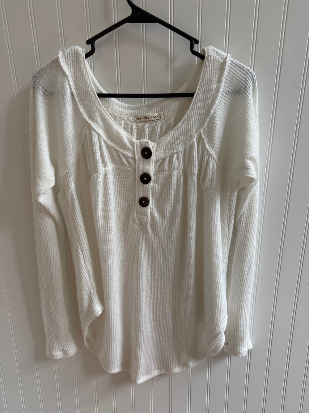 (076)We The Free Ivory Waffle Knit Henley Hoodie Top with Button Placket